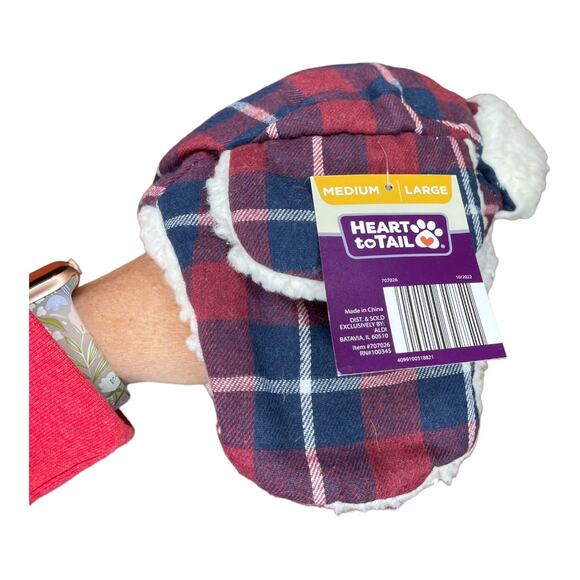 Heart to Tail New Plaid Faux Sherpa Pet Winter Hat Ear Openings Size M/L - Picture 1 of 3